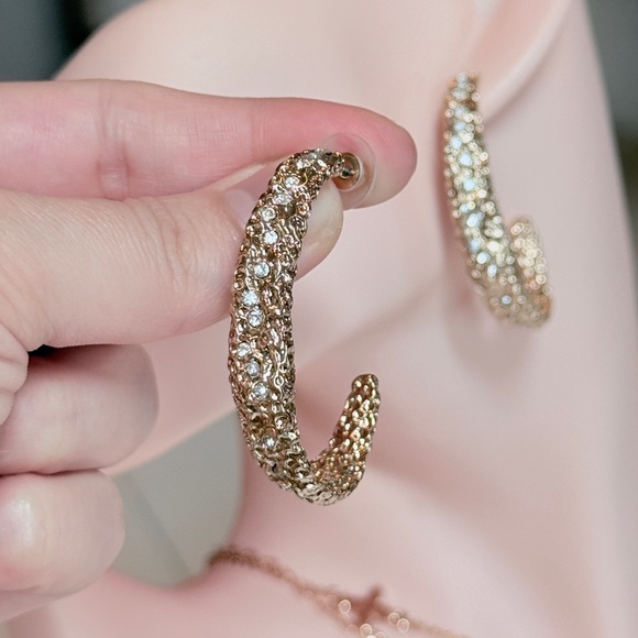 Gold Crystal Pavé Textured Earrings - Elegant Women's Jewelry - Picture 6 of 9